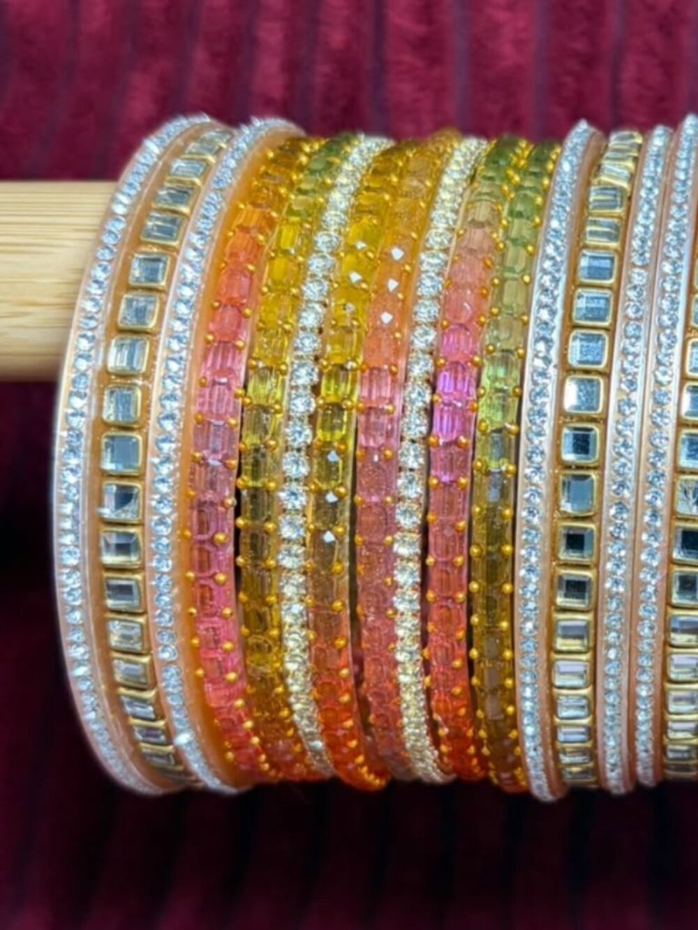 Sunset Tone Crystal Rhinestone & Square Accent Bangle Set, Stackable Party Wear